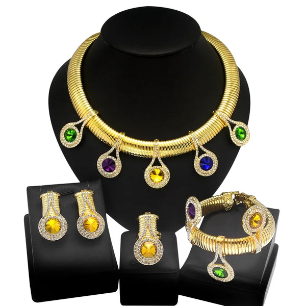 Women Jewelry Set Luxury 24K Gold Plated Colorful Rhinestone Necklace Earrings