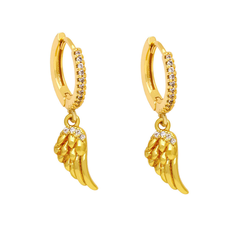 Mini Gold Plated Hoops Owl Earrings for Women Copper Zircon Angel Wings Dangle Earrings