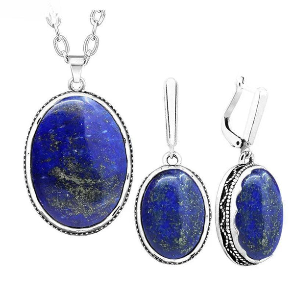 Oval Natural Lapis Lazuli Jewelry Set Necklace Earrings For Women