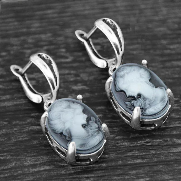 Vintage Oval Cameo Earrings For Women Antique Silver Plated Claw Pendant