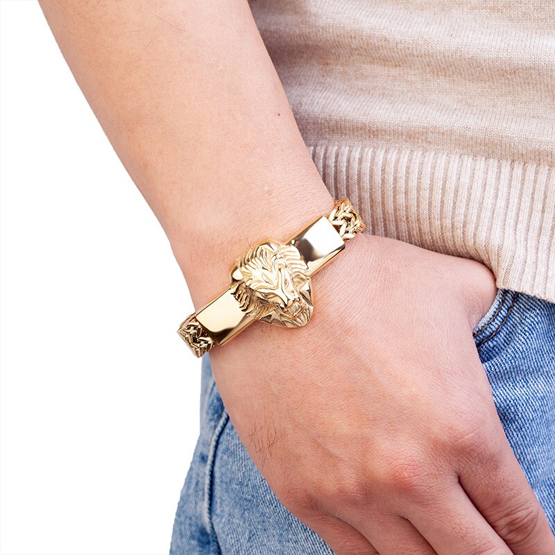 Stainless Steel Men Gold Lion Chain Bracelet