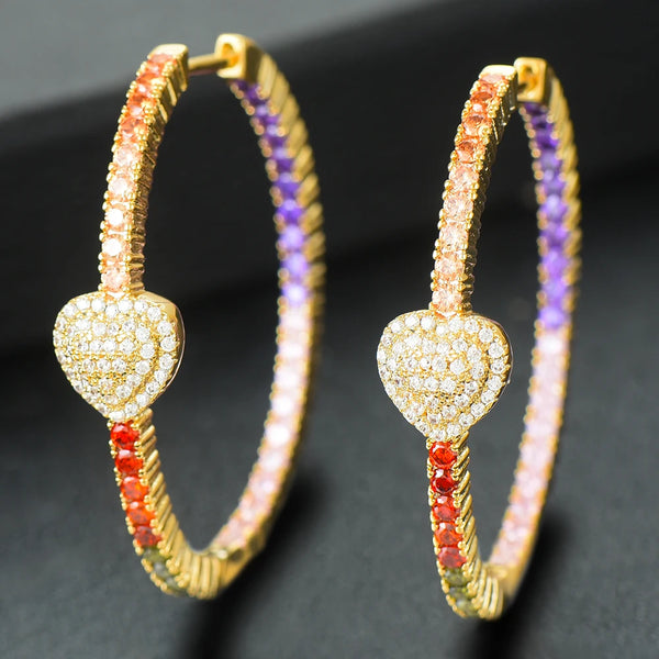 Full Multicolor Mirco CZ Cubic Zircon Heart Hoop Earrings