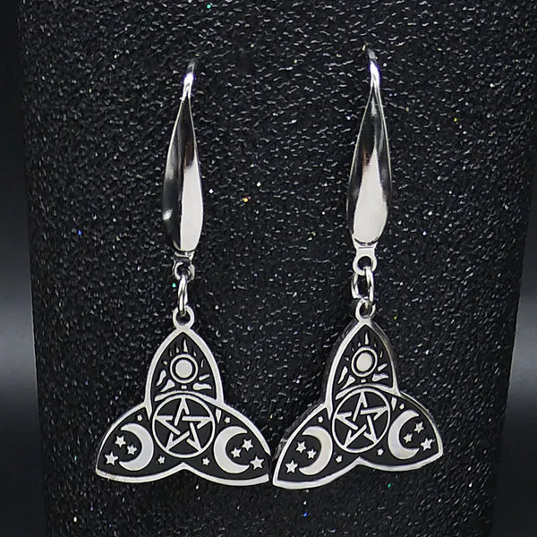 Witchcraft Stainless Steel Wicca Sun Triple Moon Goddess Earrings Women Pentagram Earrings