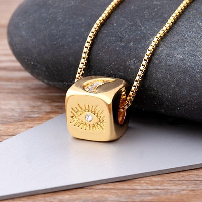 New Luxury Cute Cube Dice Heart Necklace Copper Zircon Gold Color Chain Necklace For Women