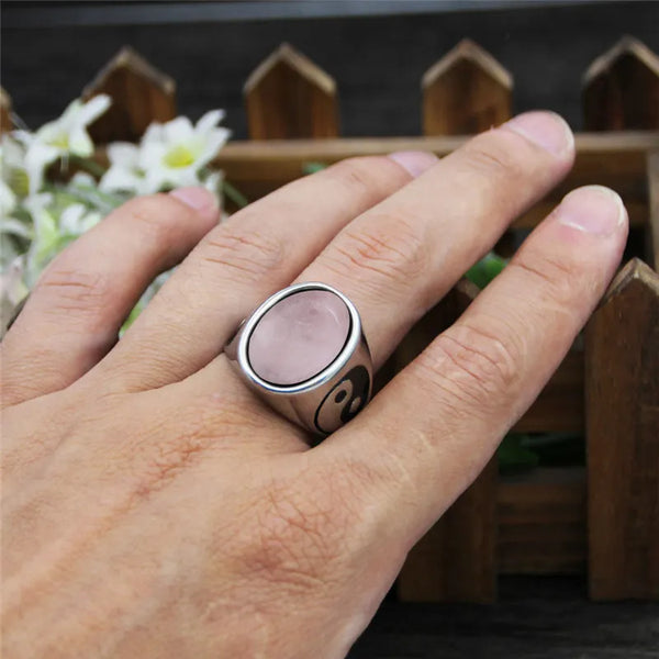 Oval Natural Quartz Amethysts Stainless Steel Yin And Yang Rings