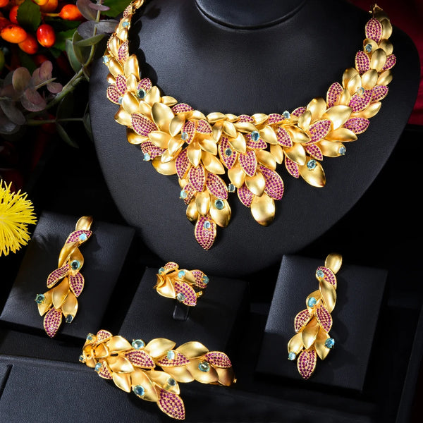 Luxury Gorgeous Flower Boom Women Engagement Cubic Zirconia Necklace Earring Dubai Jewelry Set