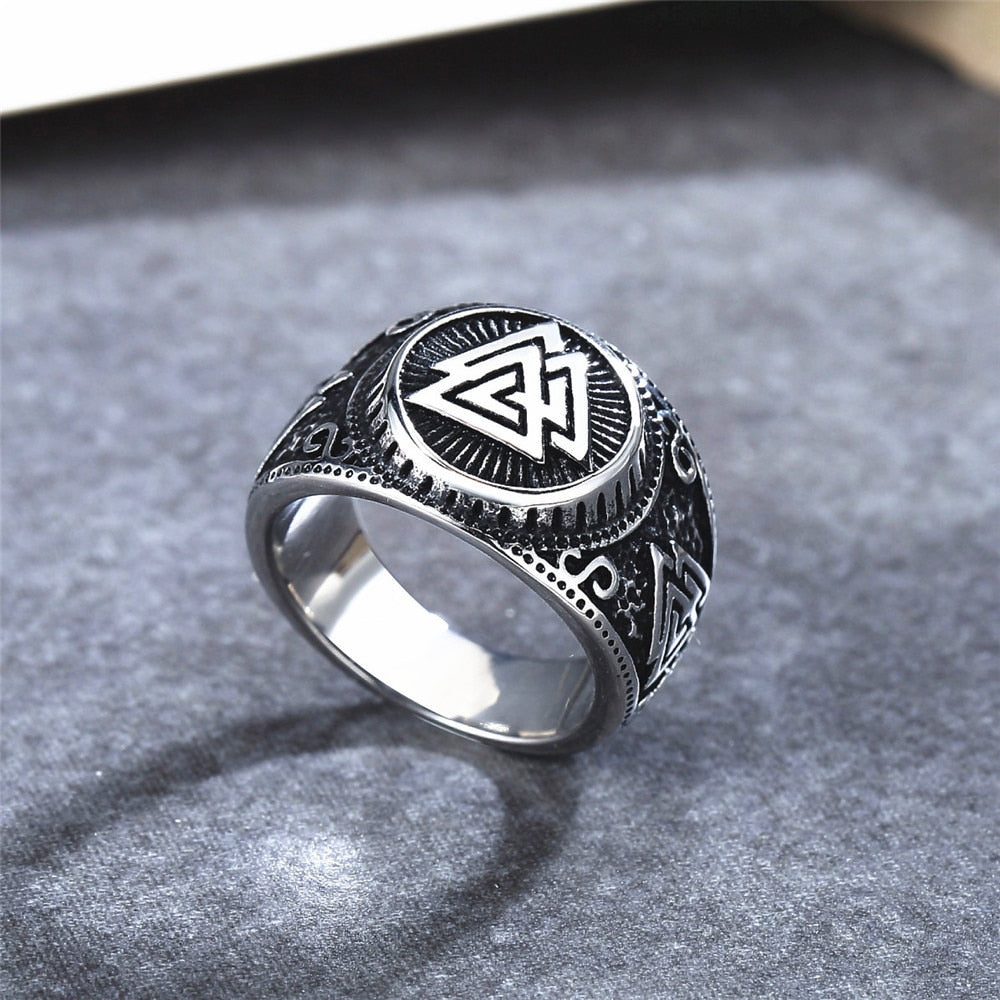 Vintage Viking Valknut Ring For Men Stainless Steel Nordic Odin Triangle Viking Ring