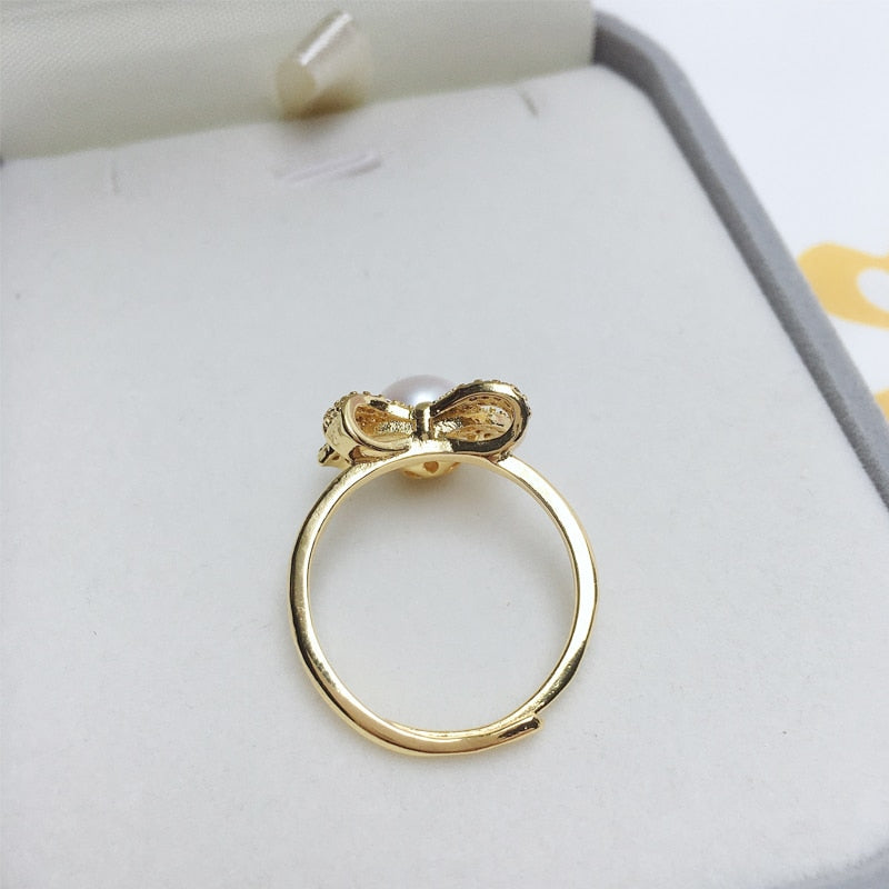 Real Natural Pearl Ring New Ins Personality Exquisite Bow 14K Gold Gild Design Female Girl Ring