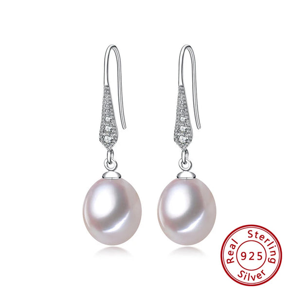 Real Freshwater Pearl Earrings Dangle Drop Sterling Silver Earrings 9mm