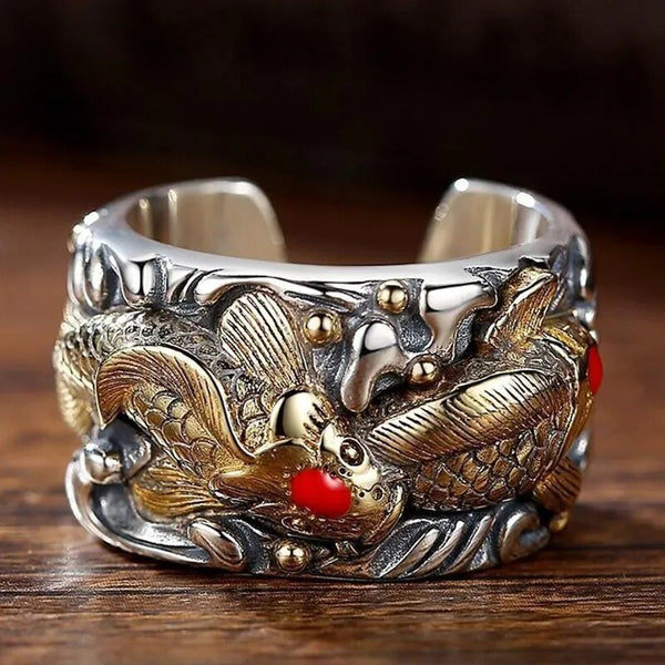 New Retro Fortune Pawn Lucky Fish Koi Men's Open Ring