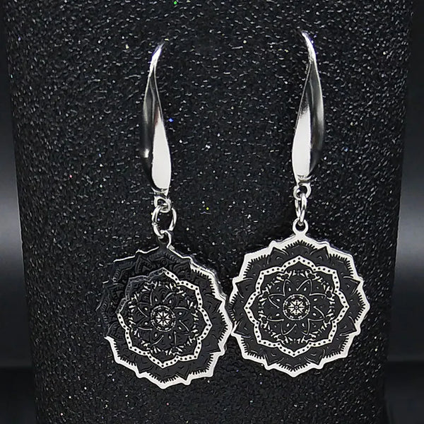 Fashion Yoga Lotus Stainless Steel Earring Women Black Enamel Flower of Life Drop Earrings