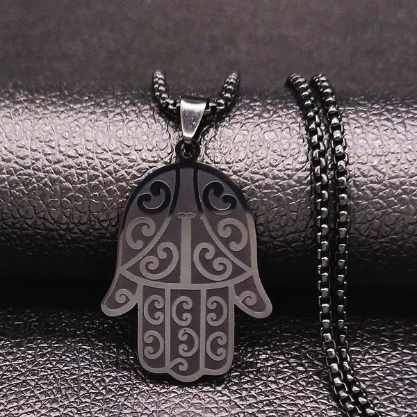 Fashion Hamsa Hand Stainless Steel Necklace Men Black Statement Necklace