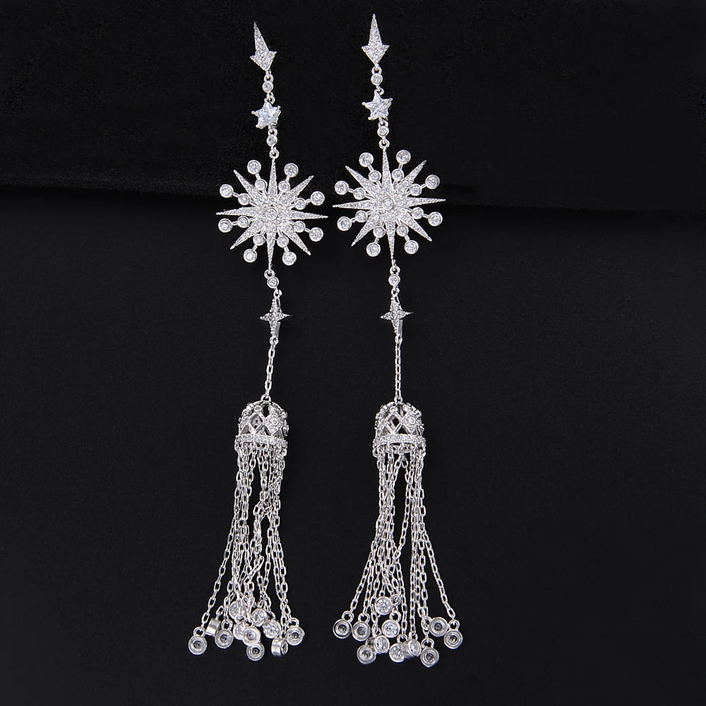 128MM High Quality Snowflake Chains Tassel Long Dangle Drop Earrings For Women