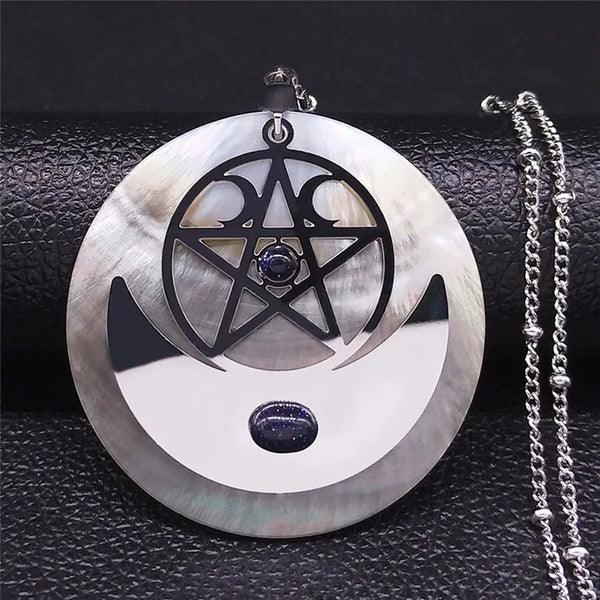 Triple Moon Goddess Wicca Pentagram Necklace Natural