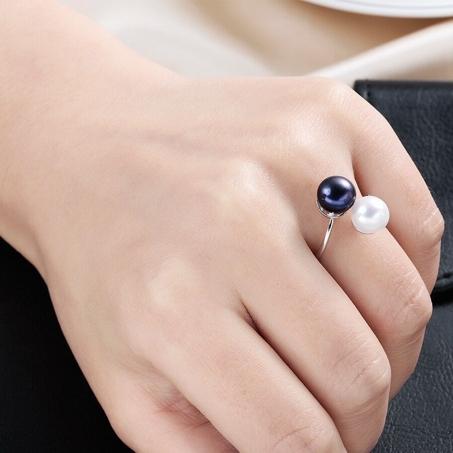 Fashion Simple Double Natural Freshwater Pearls 925 Silver Open Finger Ring