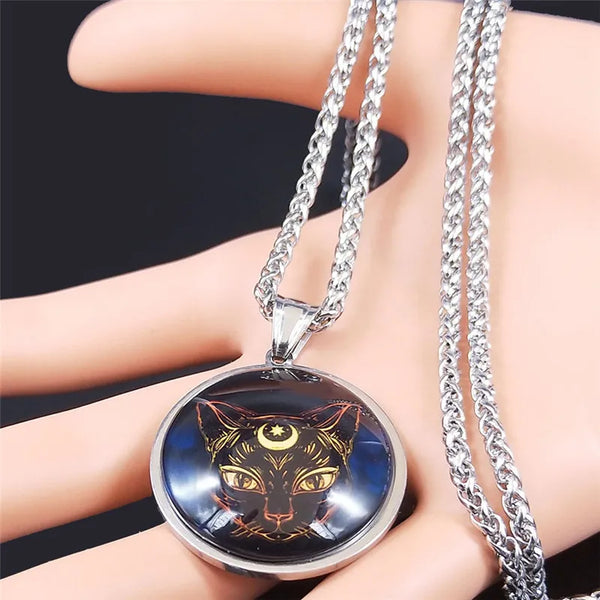 Fashion Witchcraft Cat Stainless Steel Chain Necklace Women Silver Color Long Pendant Necklace