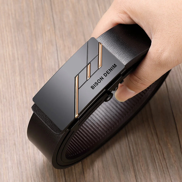 Genuine Leather Belt Men Black Automatic Buckle Belt