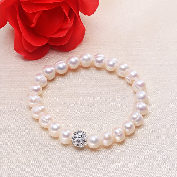 100% White 8-9mm Baroque Natural Freshwater Pearl Strand Bracelet for Women