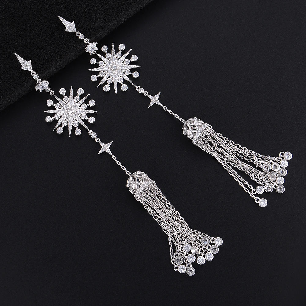 128MM High Quality Snowflake Chains Tassel Long Dangle Drop Earrings For Women