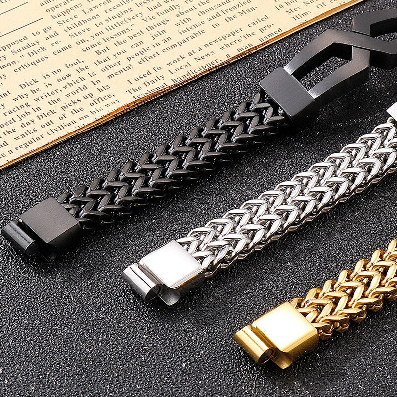 Luxury Gold Plated Men Bracelet Black Stainless Steel 12MM Link Chain