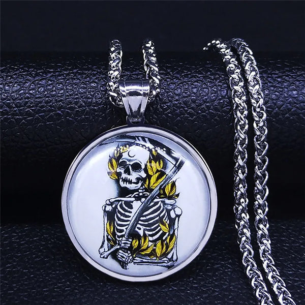 Stainless Steel  Gothic Skeleton Grim Reaper Glass Necklaces for Women/Men