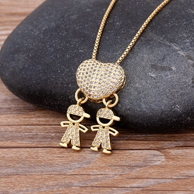 Hot Sale Son Daughter Heart Gold Color Cubic Zirconia Family Girl Boy Pendant Necklace