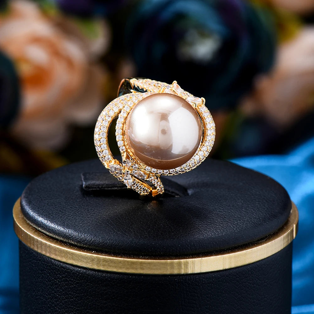 New Luxury Big Pearl Rings For Noble Women Party Daily Jewelry  Bridal Lady Finger Rings Gift