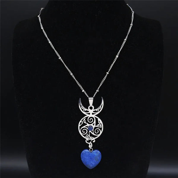 Witch Moon Triskelion Heart Natural Stone Stainless Steel Necklace for Women