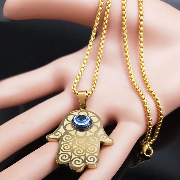 Blue Turkish Demon Eye Hamasa Hand Stainless Steel Hand of Fatima Necklace Women Men