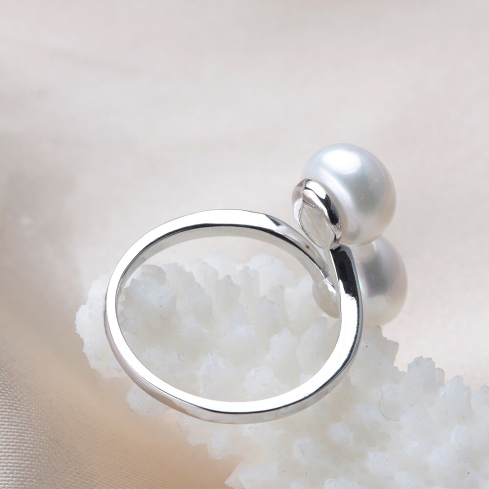 Fashion Simple Double Natural Freshwater Pearls 925 Silver Open Finger Ring