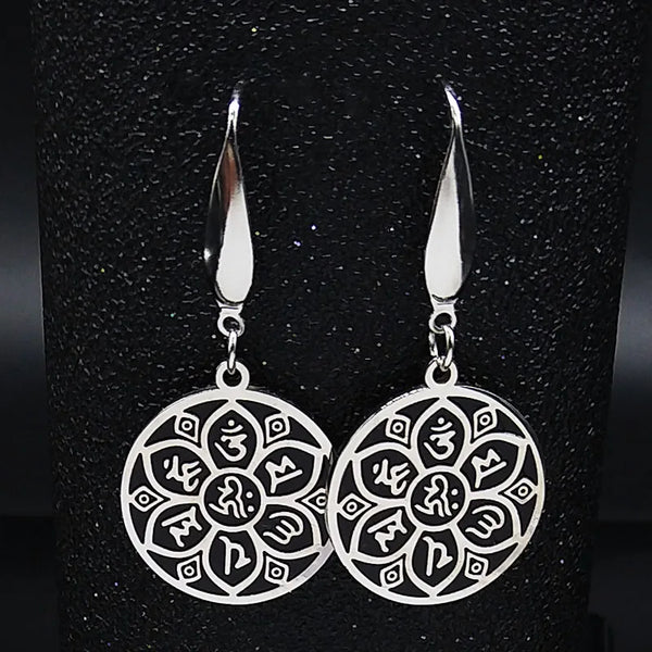 Yoga Chakras OM Lotus Stainless Steel Earrings Black Enamel Dangle Earrings