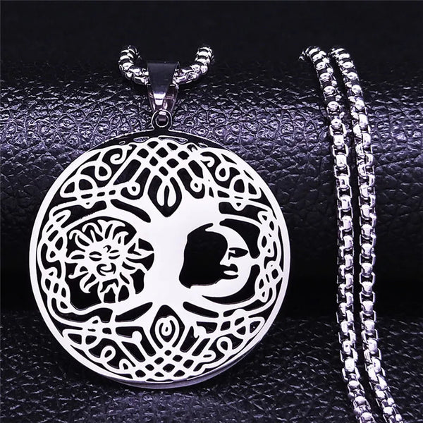 Irish Knot Sun Moon Stainless Steel Chain Necklace Women Silver Color Necklace