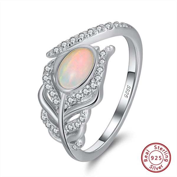 Solid 925 Sterling Silver Feather Ring Small Dainty Oval Genuine Natural Opal Gemstone Rings