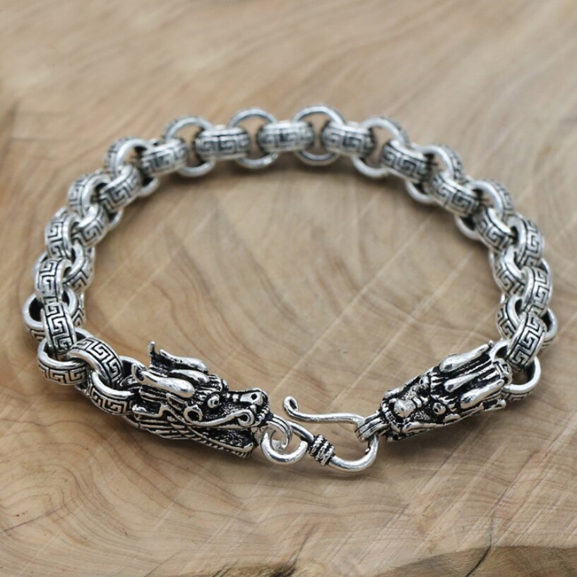 Unibabe 8mm Thick Pure Silver Vintage Round Cross Dragon Head Bracelet