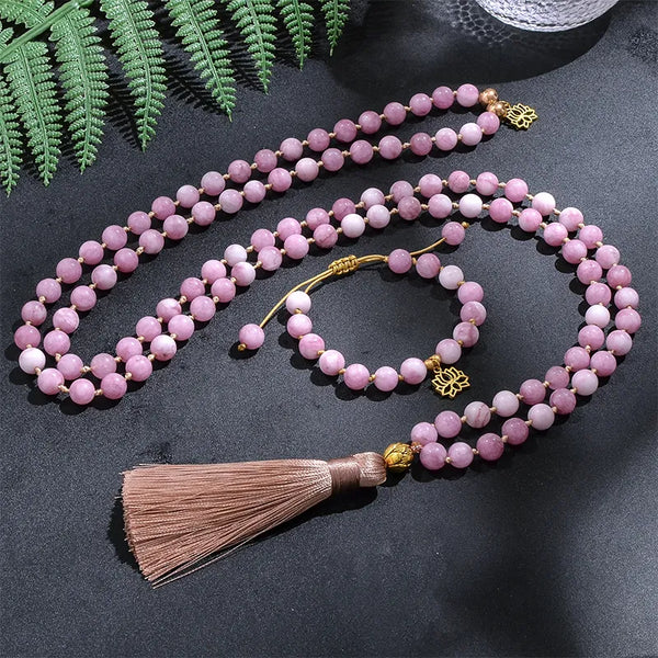 108 8mm Kunzite Beaded Knotted Japamala Necklace Meditation Yoga Spirit Jewelry Bracelet Set