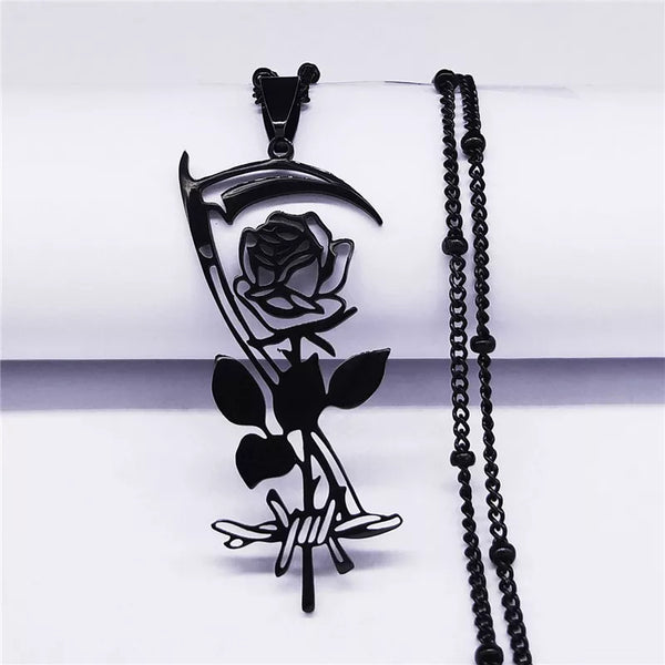 Goth Sickle Rose Flower Necklace for Women Men