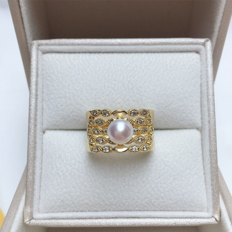 Real Natural Pearl Ring 14K Gold Gild Design Female Open Ring