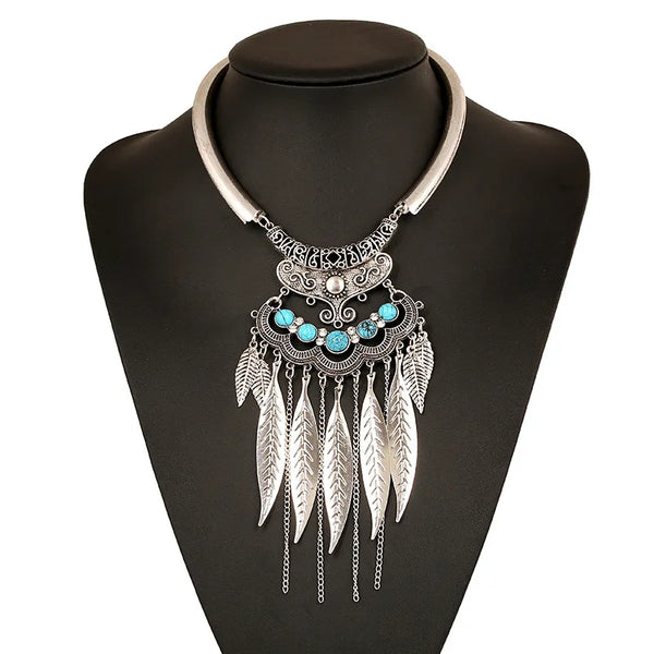 Vintage Exaggerated Glossy Metal Leaf Tassel Necklaces for Women