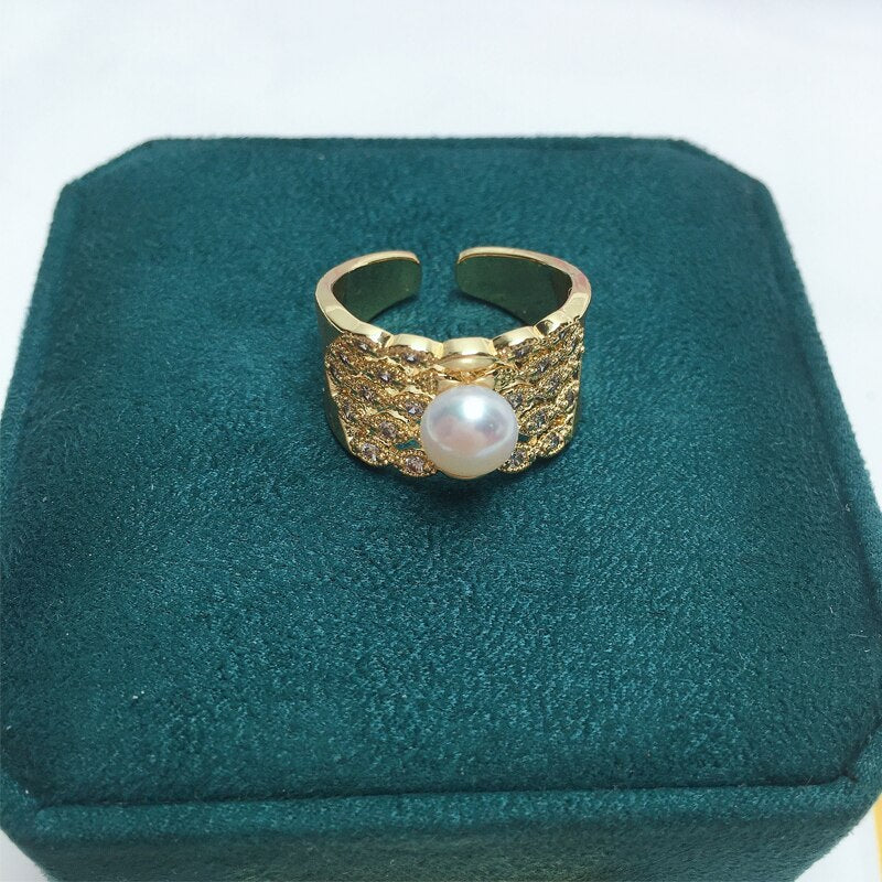 Real Natural Pearl Ring 14K Gold Gild Design Female Open Ring