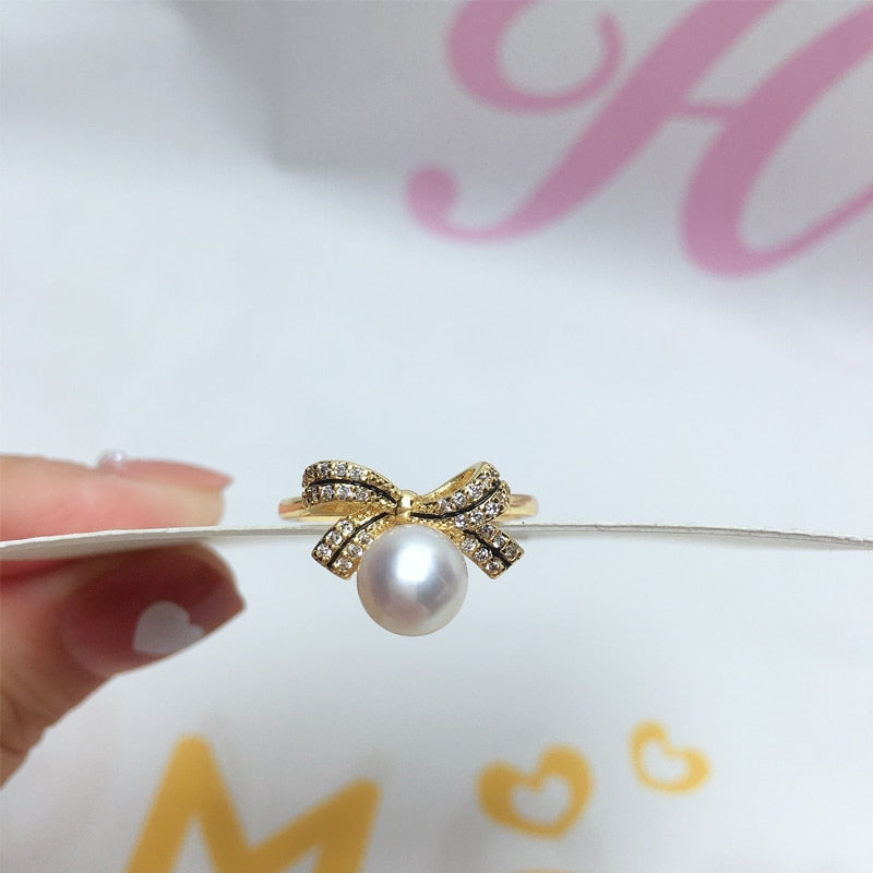 Real Natural Pearl Ring New Ins Personality Exquisite Bow 14K Gold Gild Design Female Girl Ring