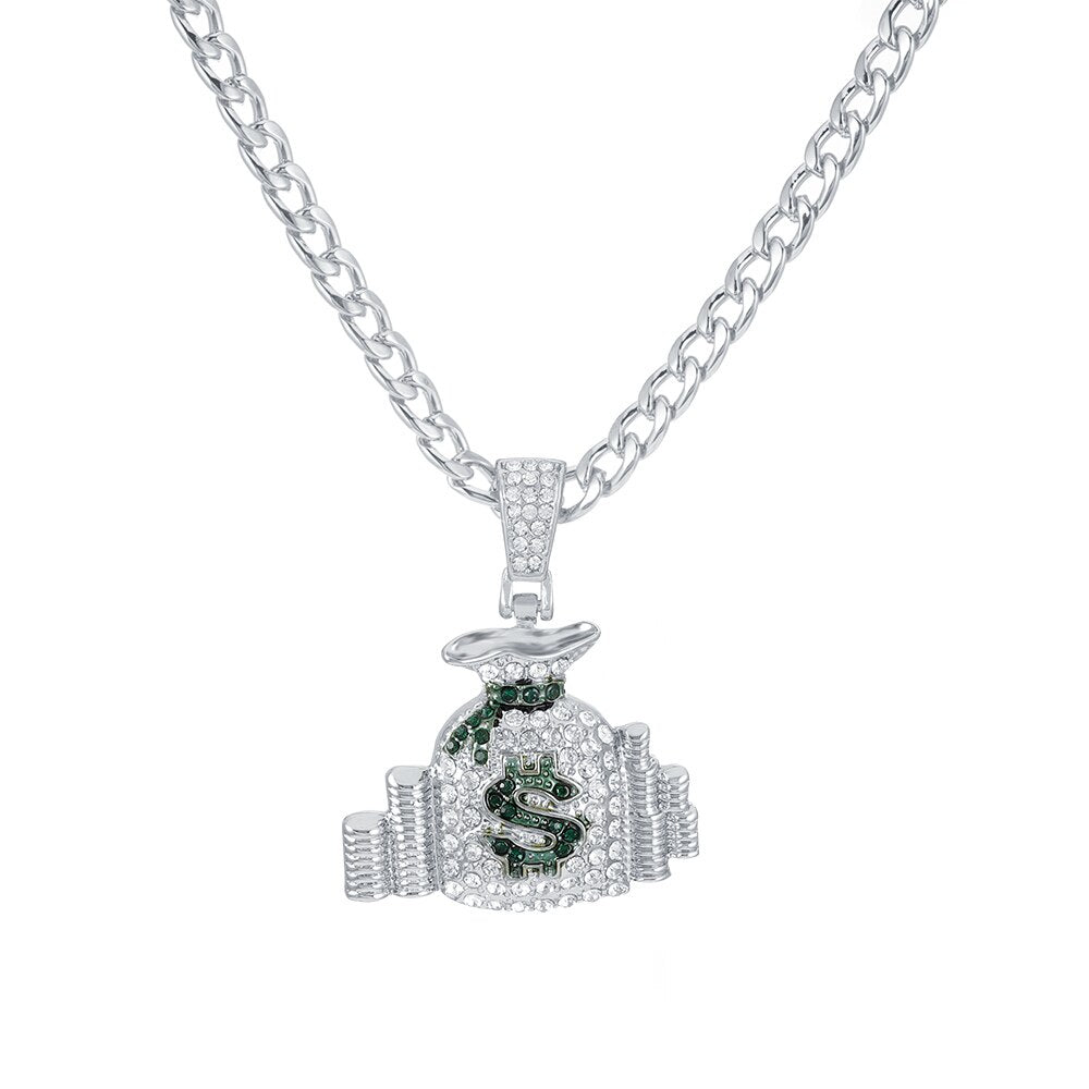 Hip Hop Money Bag With Dollar Logo Pendant Luxury Iced Out Necklace