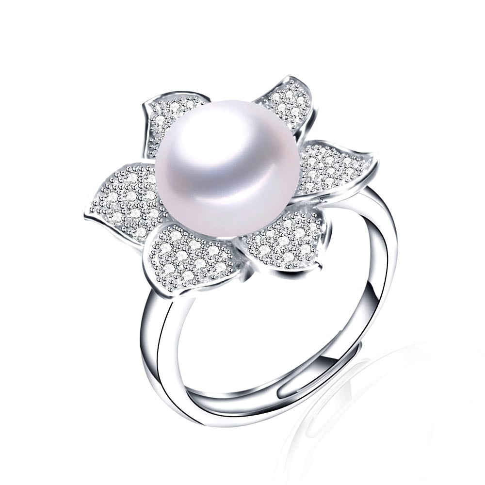 925 Sterling Silver Zircon Flower Adjustable Finger Ring For Women