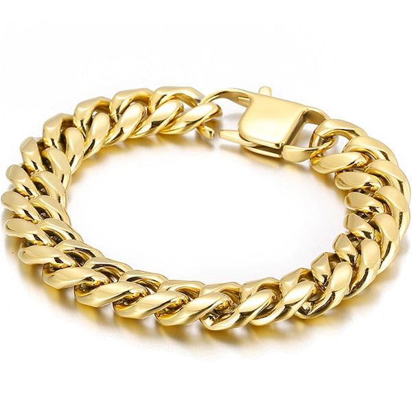 14MM Cuban Chain On Hand Bracelet Man Solid Polished Stainless Steel Curb Cuban Link Men's Bracelets