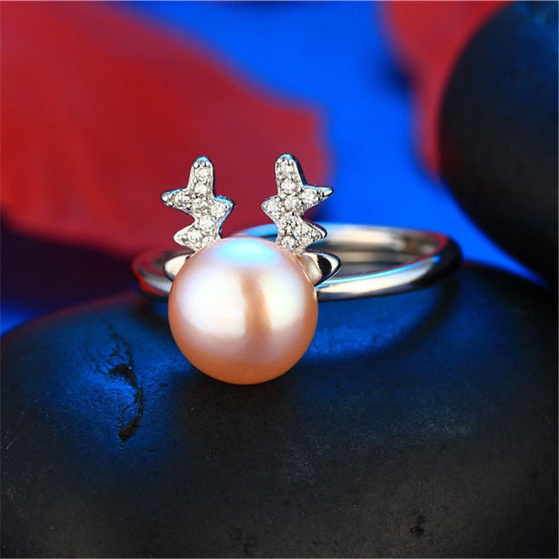 Drill With Deer Genuine Natural Pearl Ring, 925 Sterling Silver Rings for Women