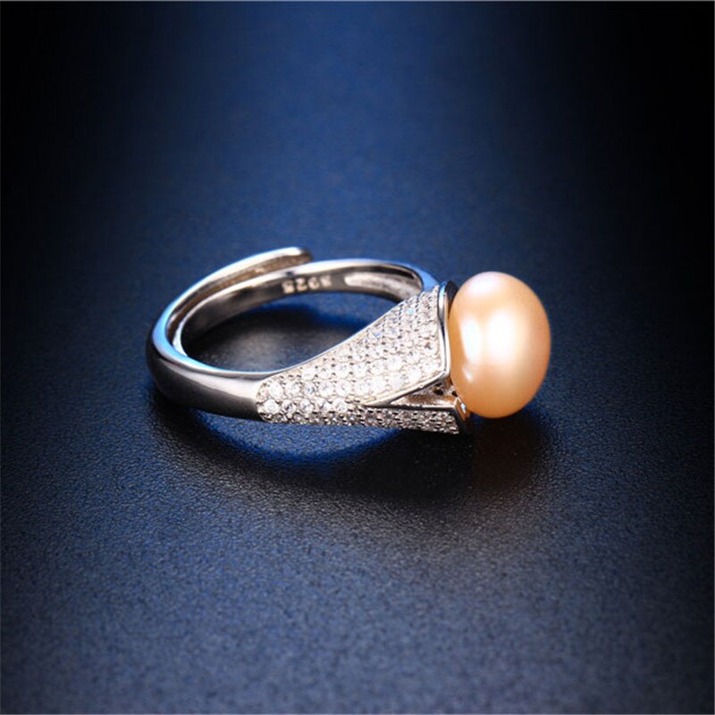 Zircon 9mm Genuine Natural Pearl Ring, 925 Sterling Silver Rings for Women