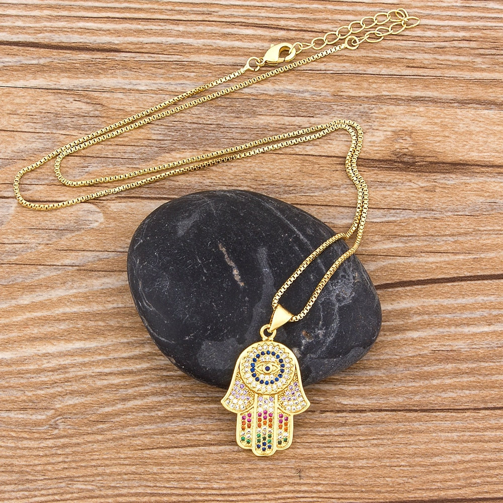 Women Men Hamsa Hand Necklace Gold Color Copper Zircon Evil Eye Pendant