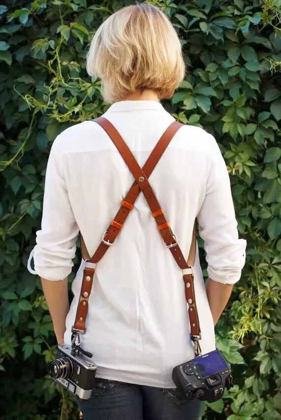 Travel camera strap Photographer women suspender leather Rivet retro brace vintage men