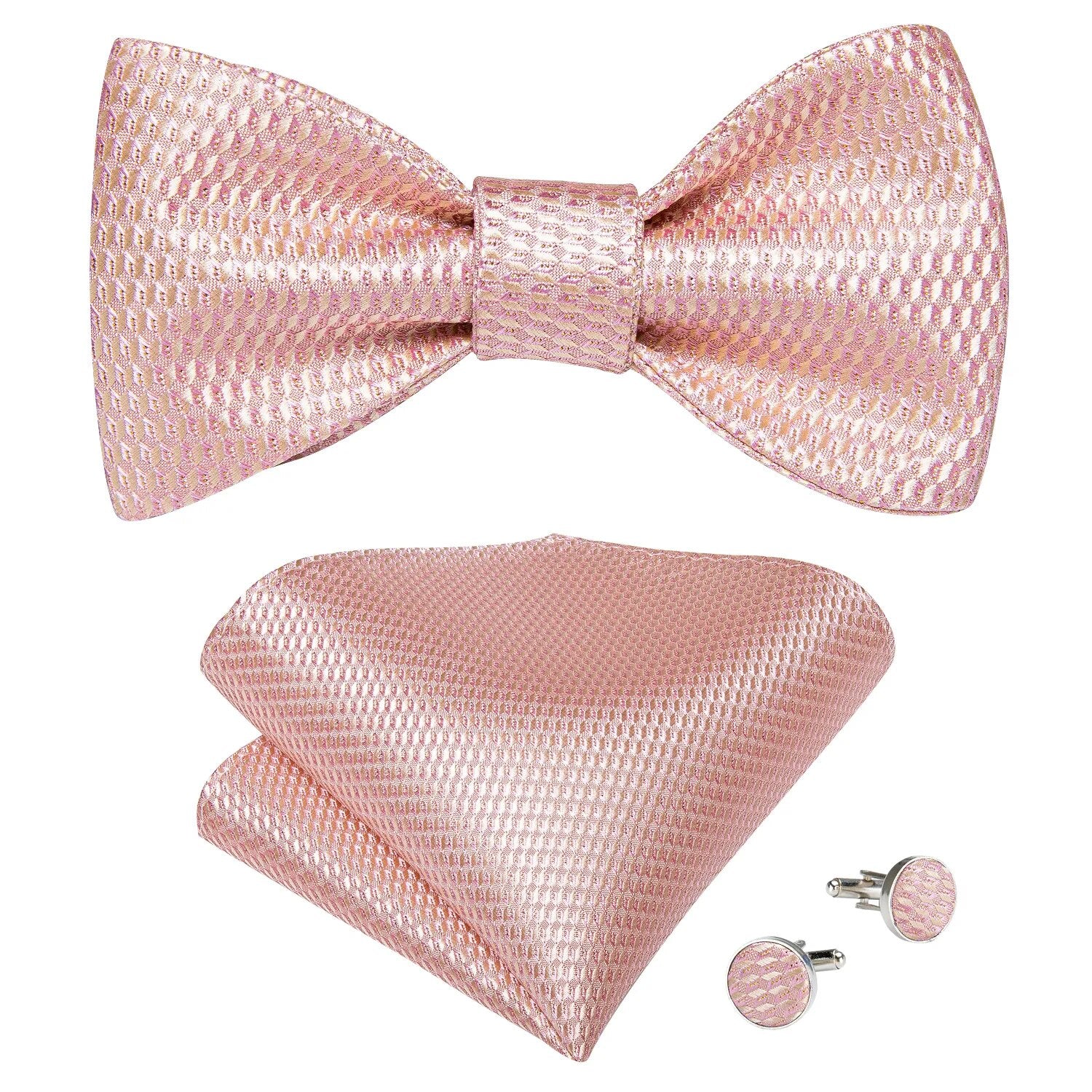 Men's Pink Solid Self Tie Bow Tie Pocket Square Cufflinks Brooch Set