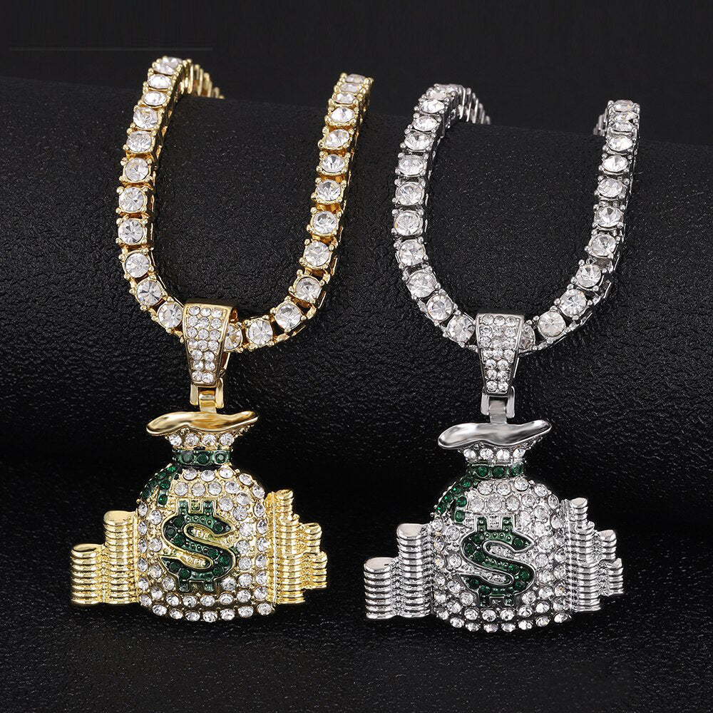 Hip Hop Money Bag With Dollar Logo Pendant Luxury Iced Out Necklace