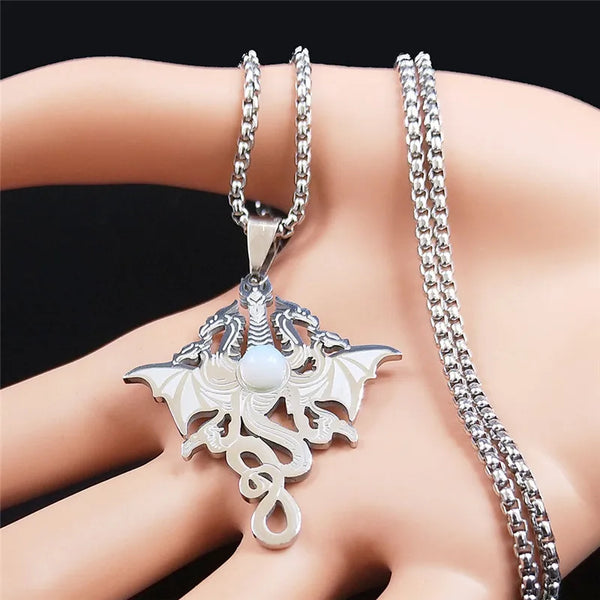 Witchcraft Fire Dragon Moonstone Stainless Steel Chain Necklace Silver Color Necklace